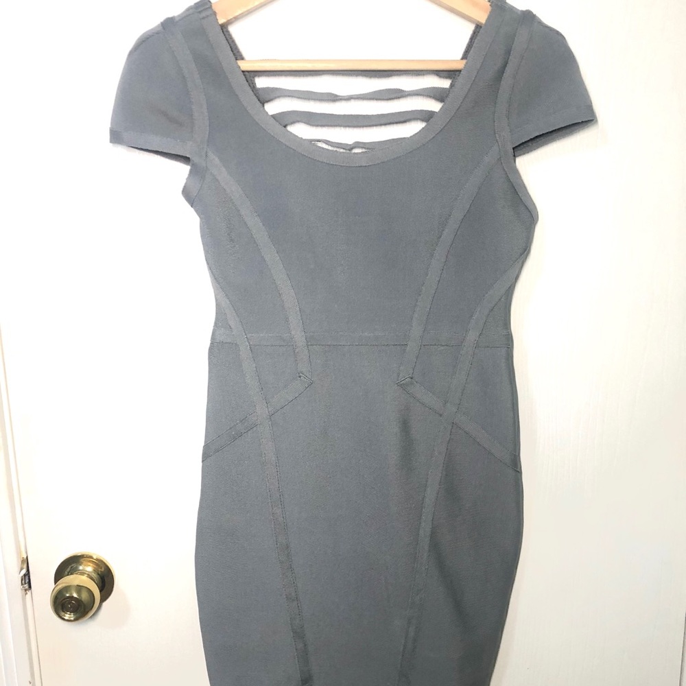 Gray bandage dress with cap sleeves, deep V back